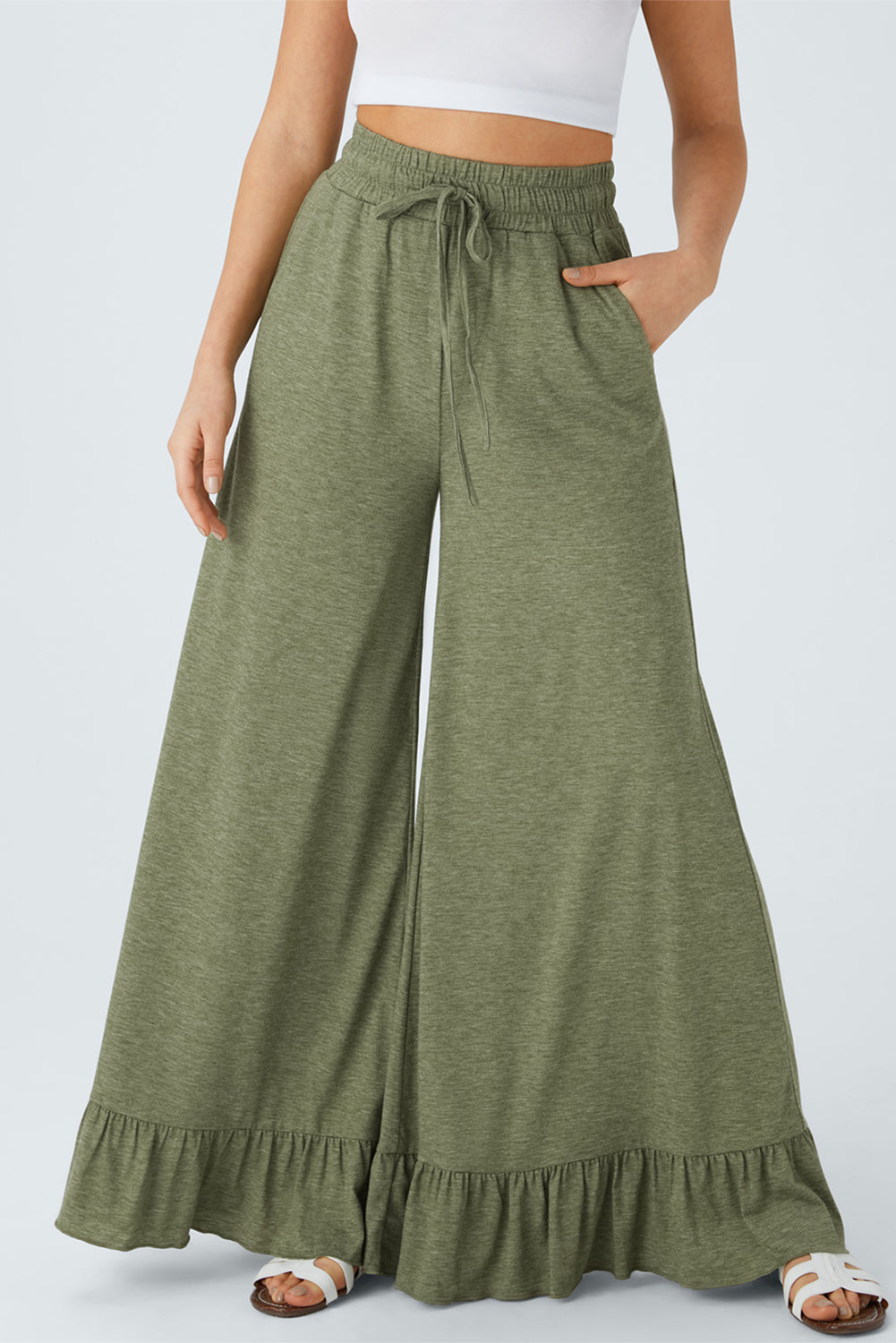 Women’s Wide Leg Knit Pants with Ruffle Hem - Relaxed Bohemian Style