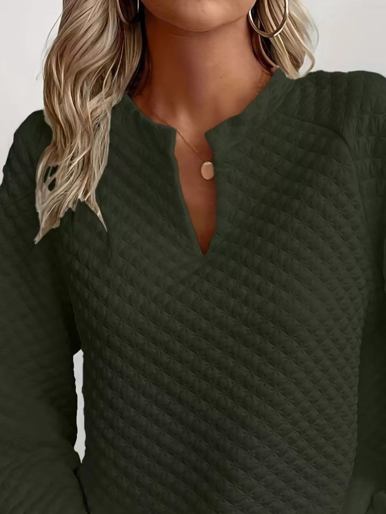White Quilted Notched Neck Long Sleeve Sweatshirt - Image 13