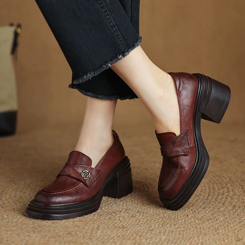 Women’s Vintage Maroon Leather Chunky Heel Loafers Retro Style - Image 4