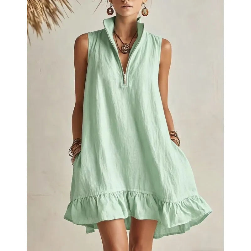 Women's Casual Sleeveless Half-Zip Mini Dress with Ruffle Hem
