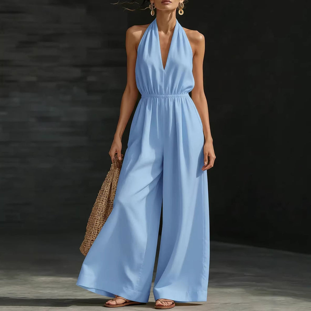 Women’s V-Neck Halter Neck Wide-Leg Sleeveless Jumpsuit