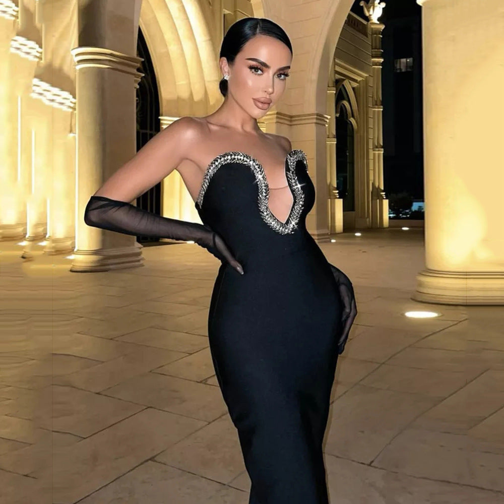 Elegant Summer Sexy V-Neck Bodycon Dress with Rhinestones