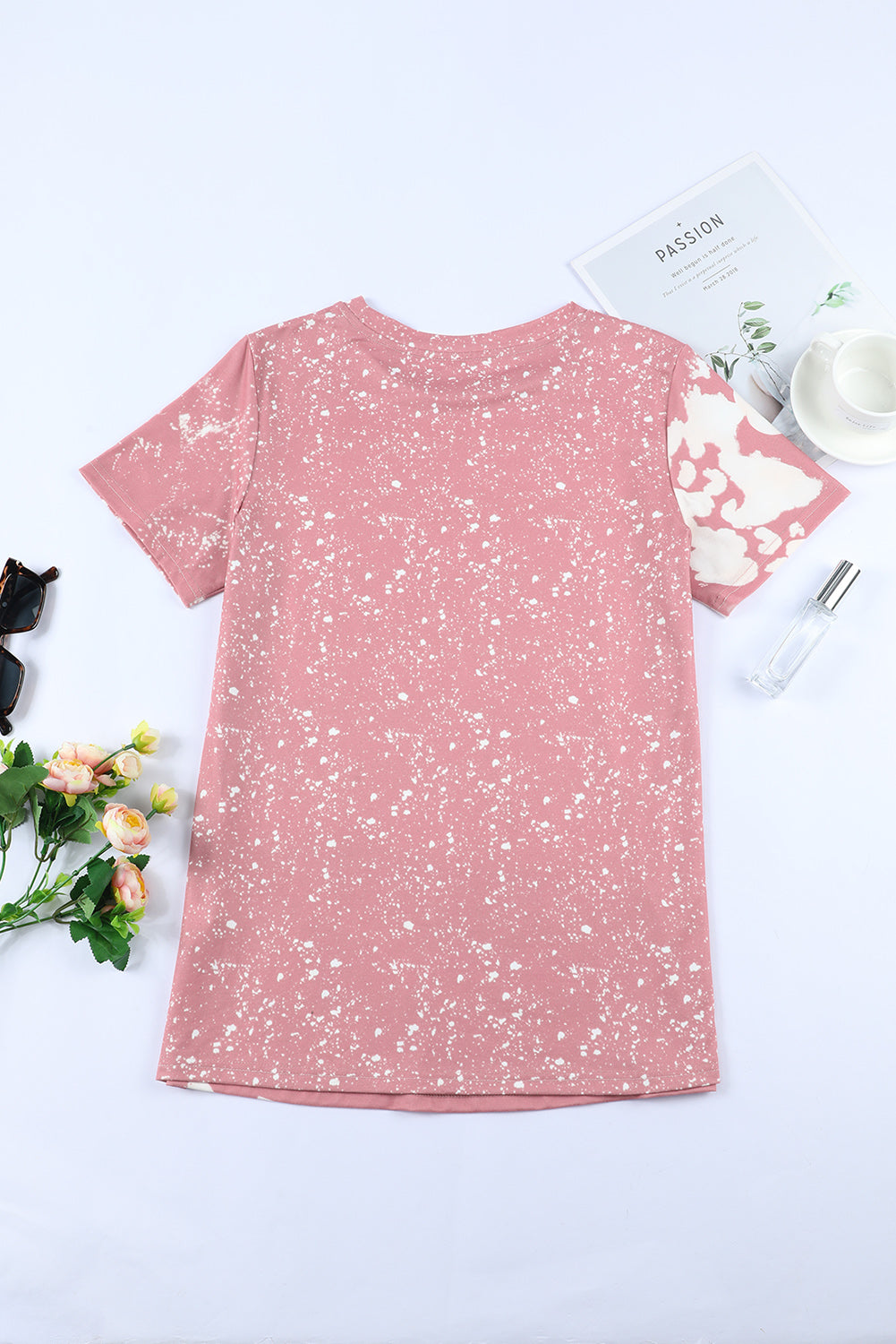 Women's Pink and White Tie Dye Bleached Short Sleeve T-Shirt