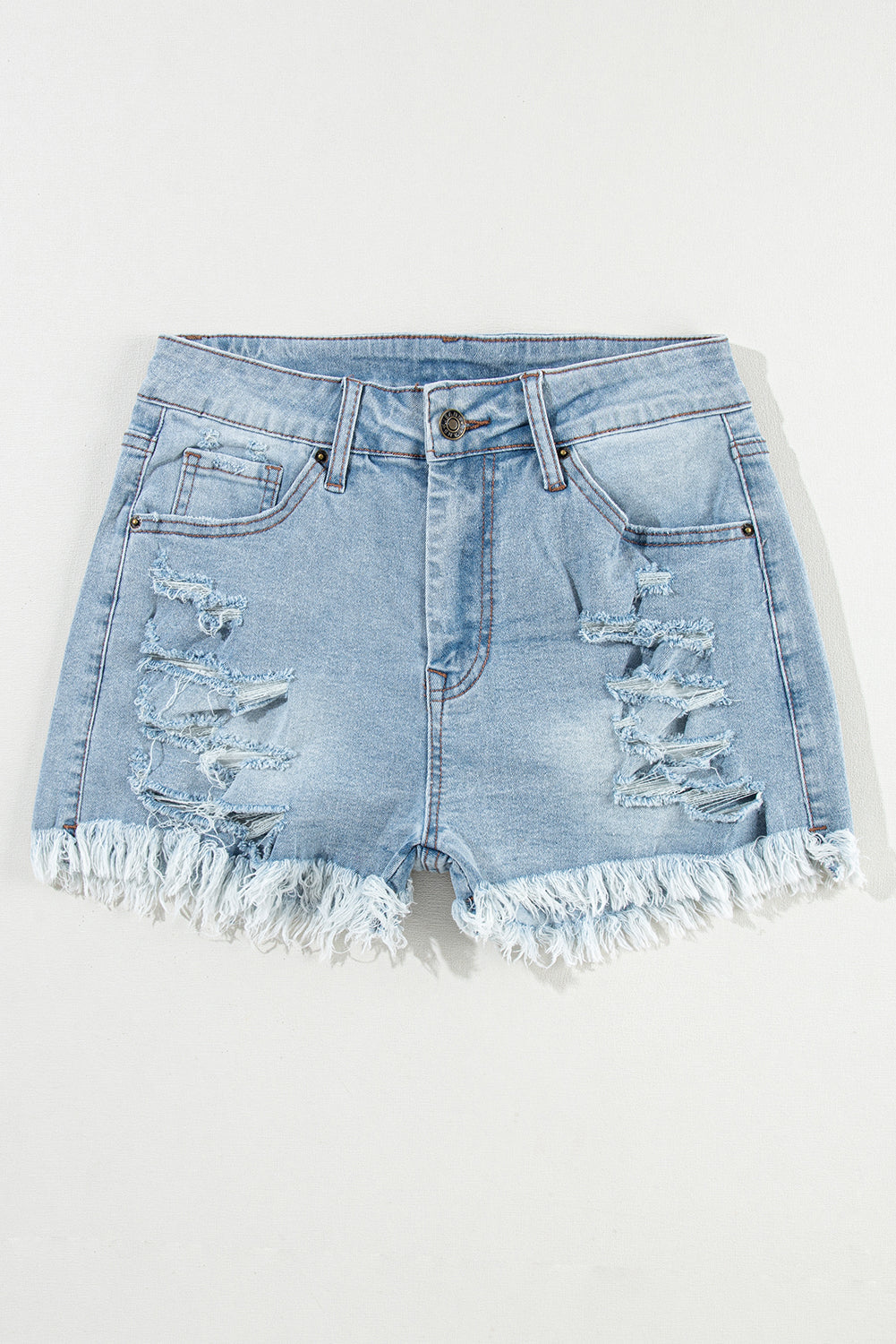 Distressed Denim Raw Hem High Waist Shorts in Light Blue