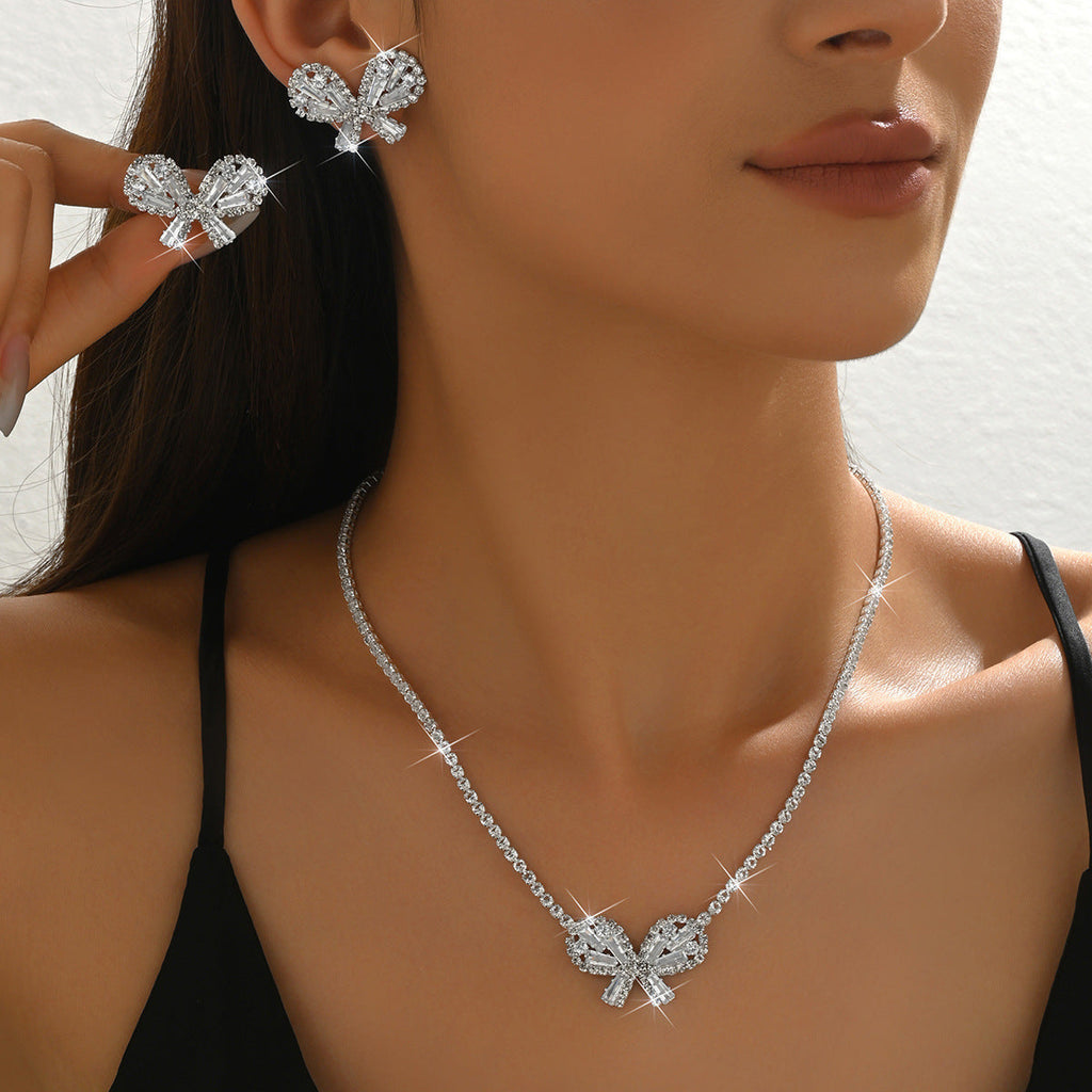 Women Black Butterfly Cubic Zirconia 2 Pcs Jewelry Set,Necklace And Earrings,Fashion Luxurious Costume Accessories For Party Occasion