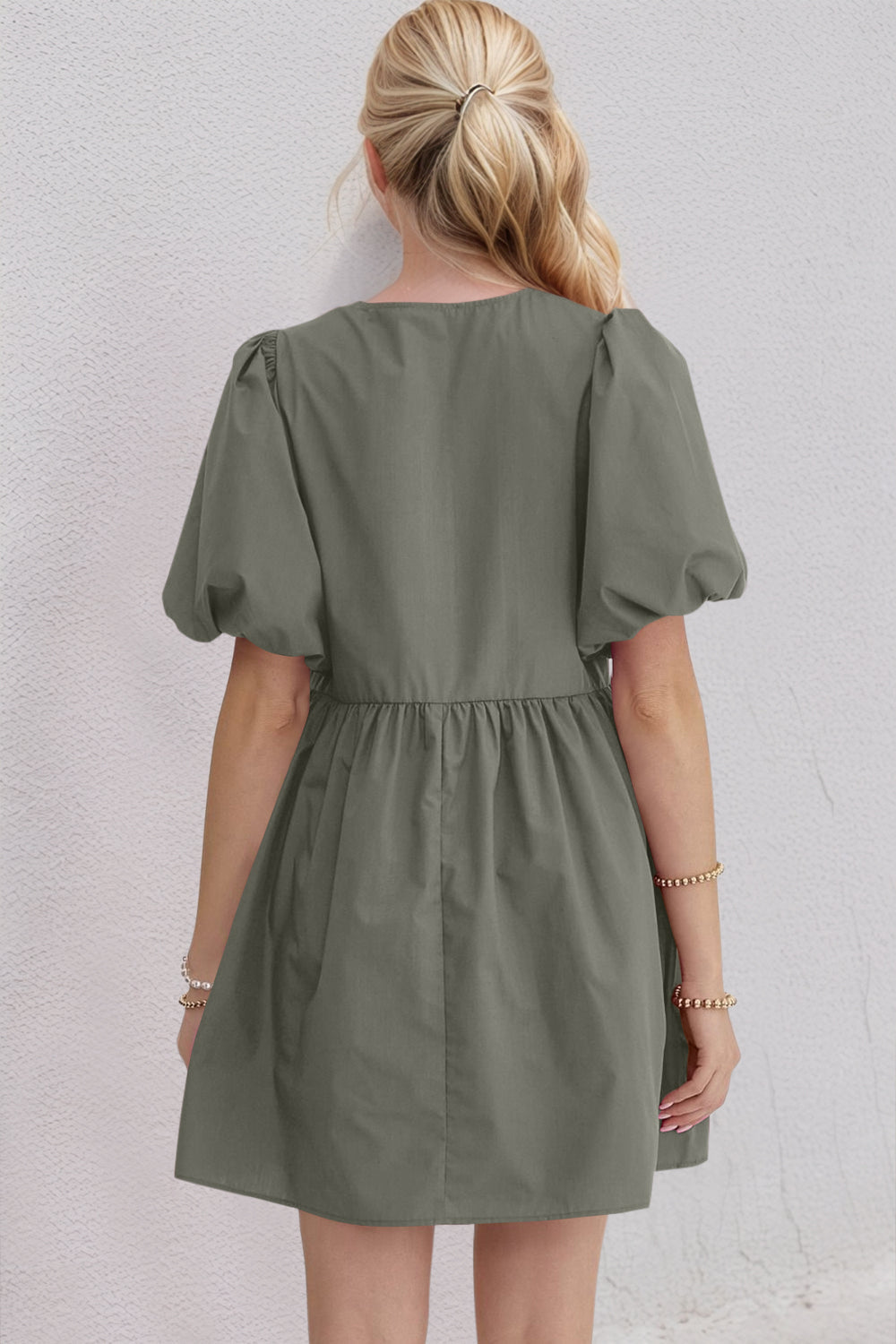 Ruched Puff Sleeve Mini Dress with Bow Detail