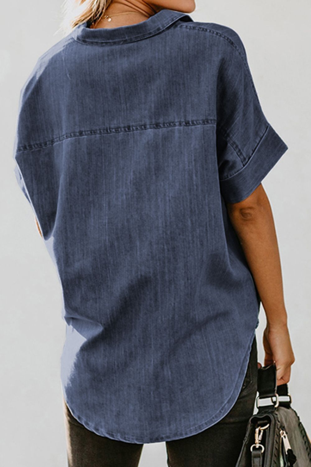 Women's Short Sleeve Denim Button Up Shirt with Pocket - Image 3