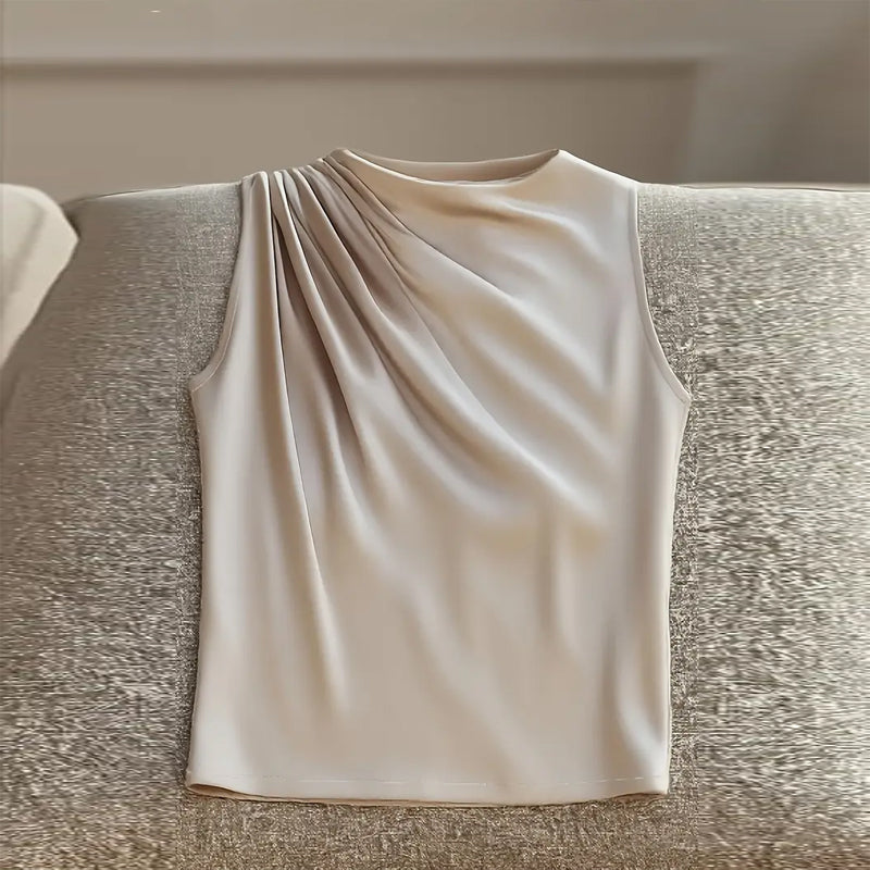 Women's Elegant Sleeveless Mock Neck Satin Drape Blouse - Image 6