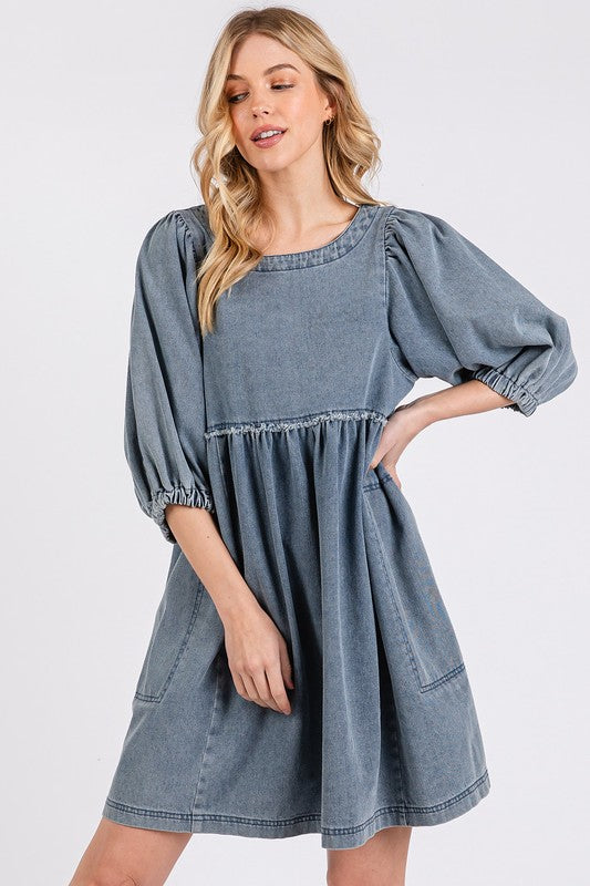 Washed Denim Dress with Puff Sleeves and Round Neck