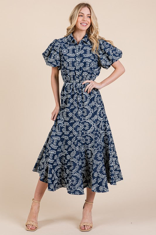 Leaf Pattern Eyelet Lace Puff Sleeve Midi Dress
