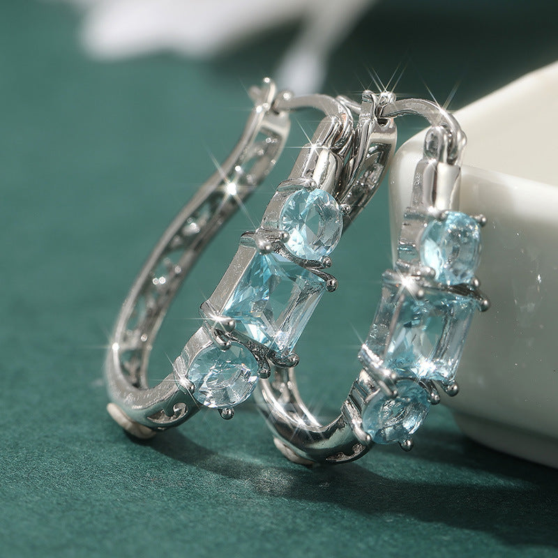 Elegant Blue Square Crystal Hoop Earrings Silver Tone Brass Women Wedding Party Fashion Jewelry Gift