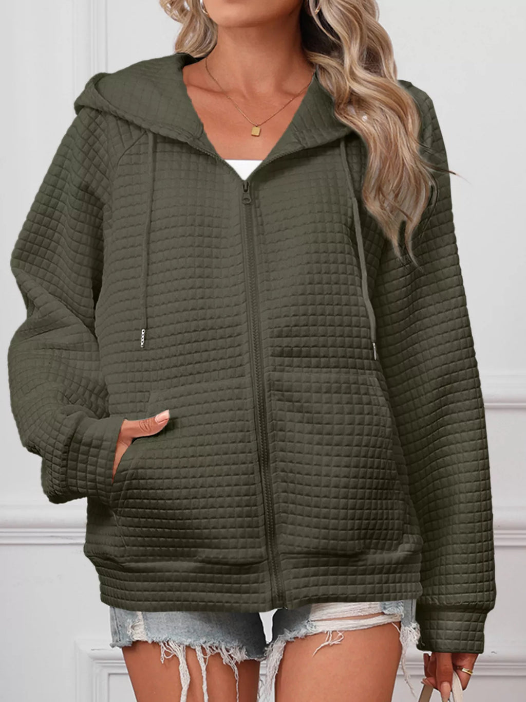 Full Size Textured Quilted Zip-Up Hooded Jacket Plus Size