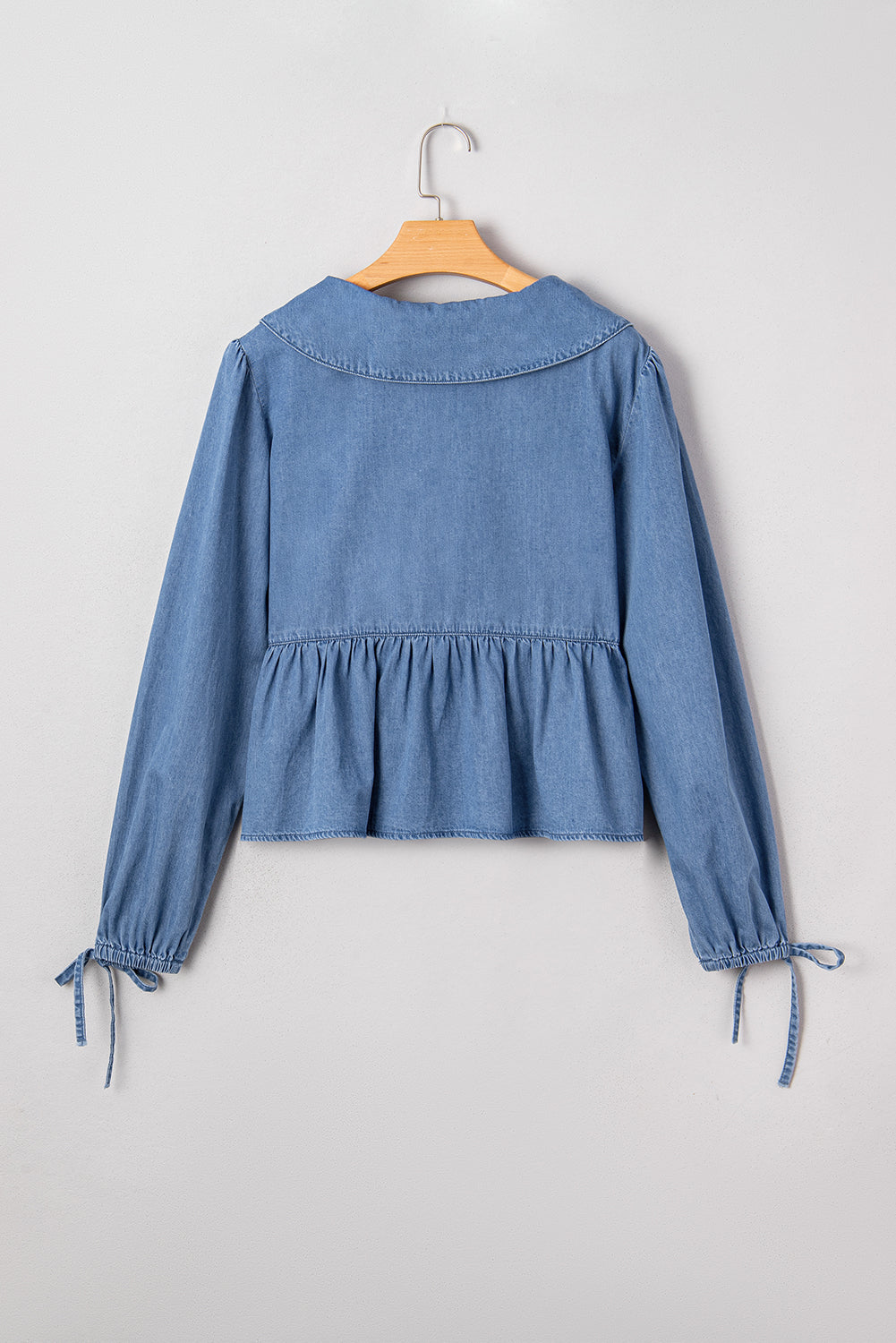 Denim Lapel Neck Balloon Sleeve Peplum Top