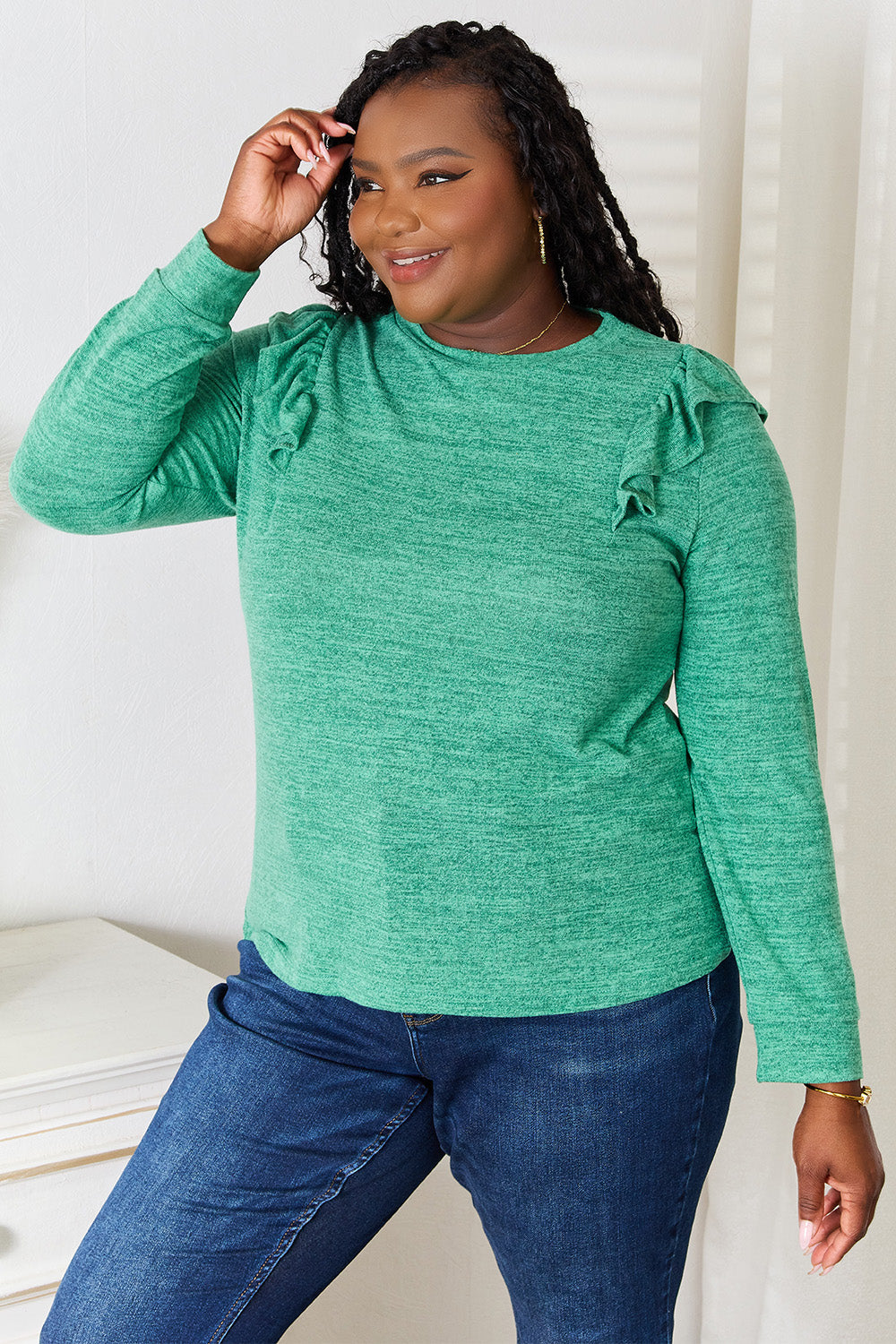 Ruffle Shoulder Long Sleeve T-Shirt | Stretchy Opaque Tee