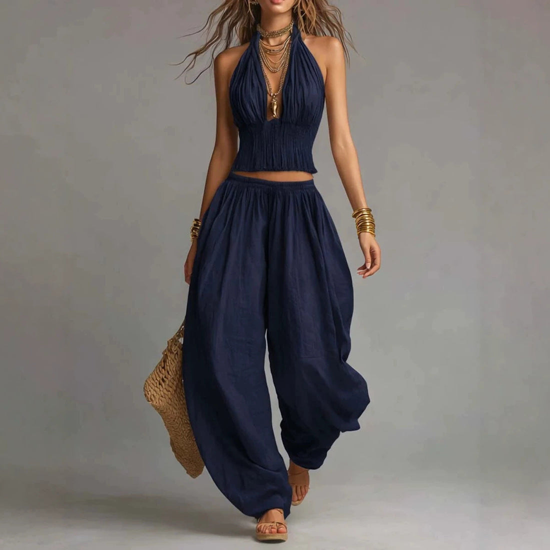 Women's Backless Halter Top & Wide-Leg Pants Set - Resort Wear