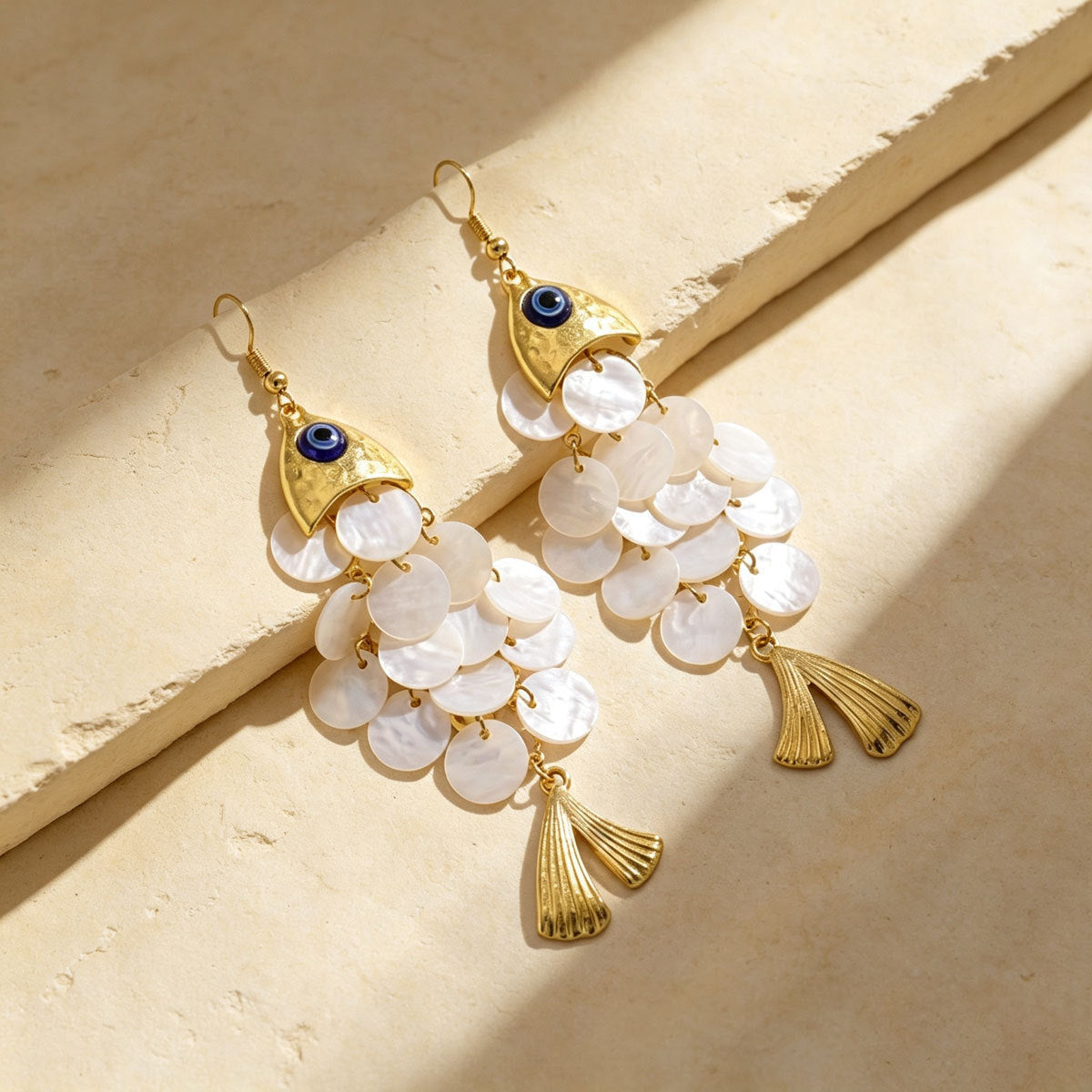 Women Fish Shape Faux Shell Tassel Drop Earrings With Eye Detail, PVD Gold Plated Boho Beach Vacation Statement Jewelry