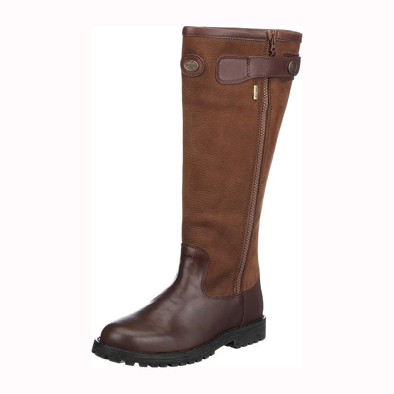 Retro Knee-High Riding Boots | Color-Block PU Upper | Side Zip Equestrian Boot