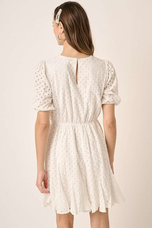 Eyelet Puff Sleeve Mini Dress with Round Neck