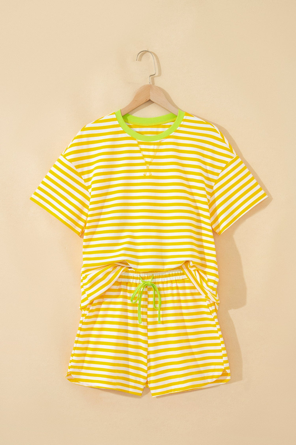Stripe Contrast Trim Tee & Drawstring Shorts Set - Sporty Knit