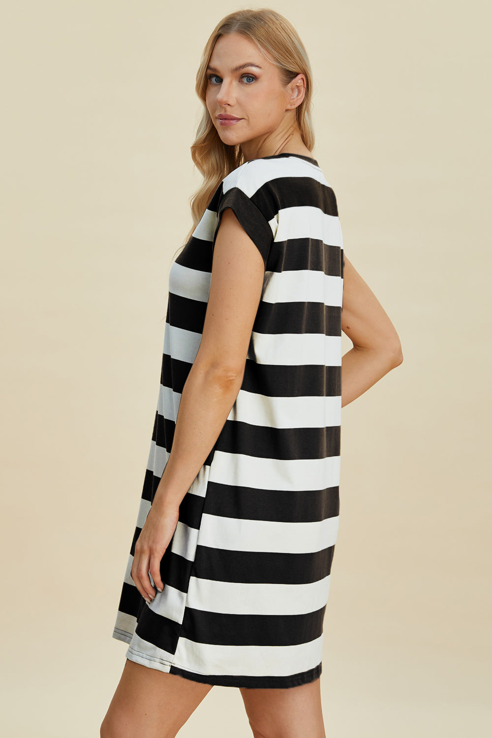 Striped Cotton Round Neck Cap Sleeve Mini Dress