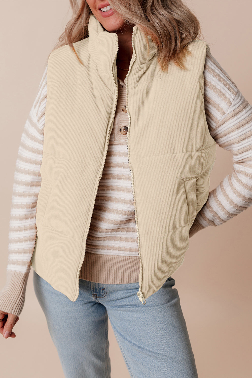 Women's Corduroy Stand Neck Zipped Puffer Vest Cropped Outerwear