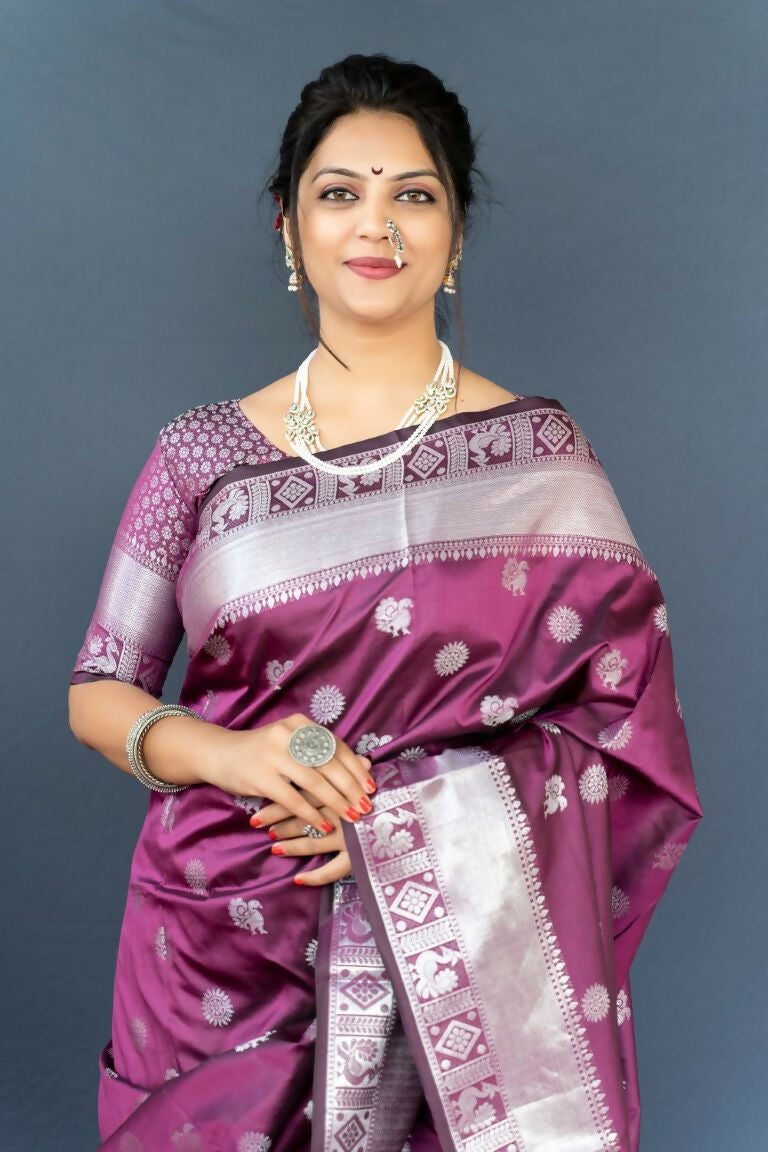 Wine Soft Banarasi Silk Saree with Zari Woven Detail and Blouse