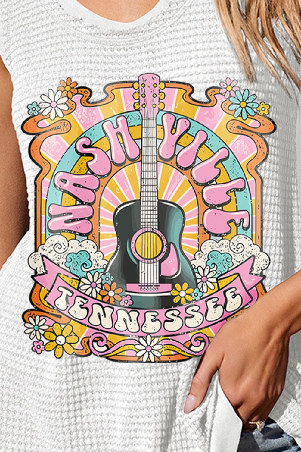 White Waffle Knit Nashville Tennessee Graphic Tank Top - Image 3