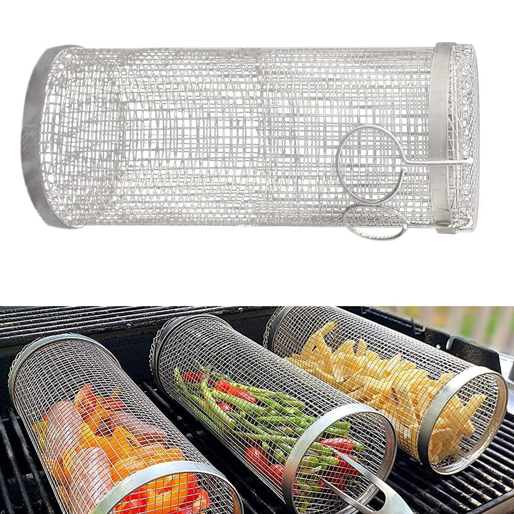 Rolling Grilling Basket Stainless Steel BBQ Cylinder for Veggies