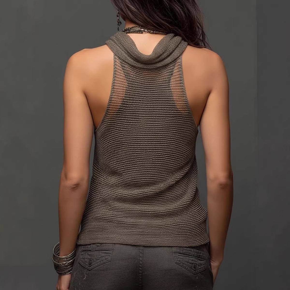 Women's Knit Halterneck Draped Cowl Neck Sleeveless Top - Image 5