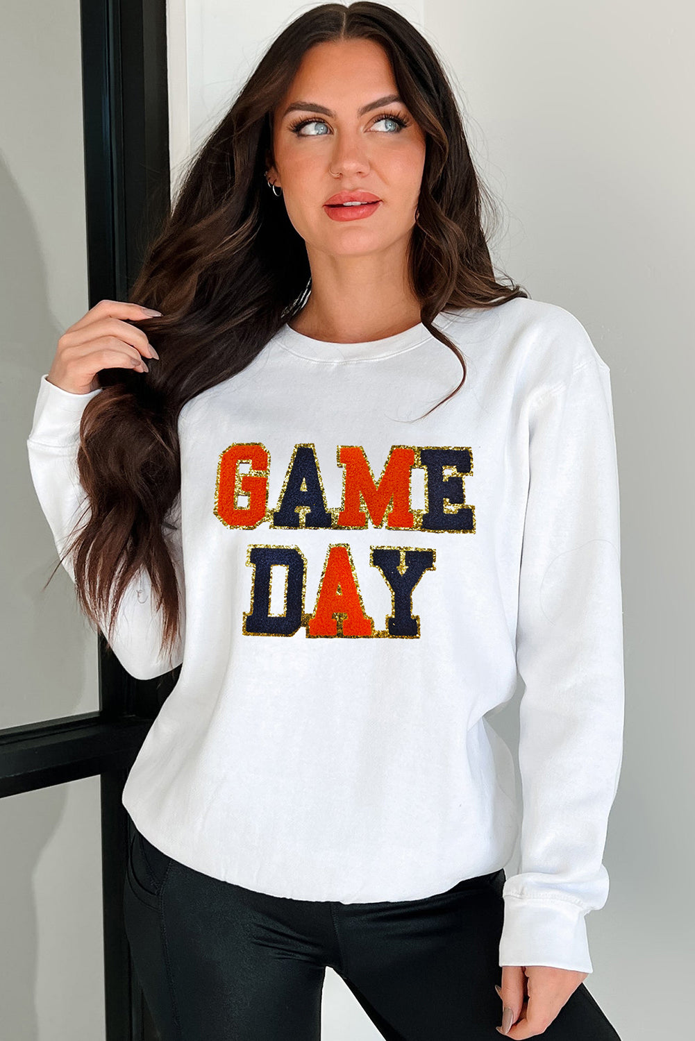 White Chenille GAME DAY Letter Terry Flocking Sweatshirt
