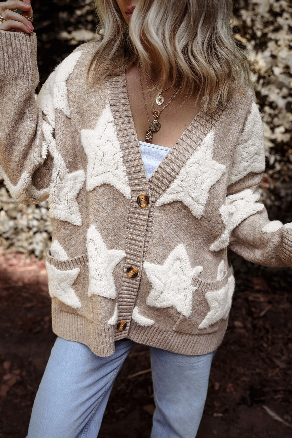 Women's Star Pattern Button-Up Cardigan in Taupe and Cream - Image 3