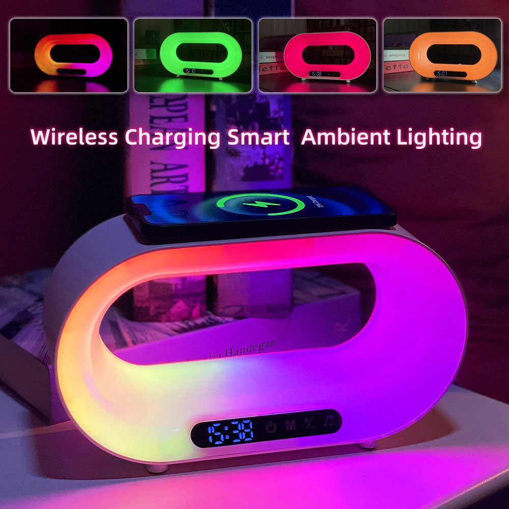 3-in-1 Smart RGB LED desk lamp with wireless phone charger and integrated alarm clock on a modern nightstand.