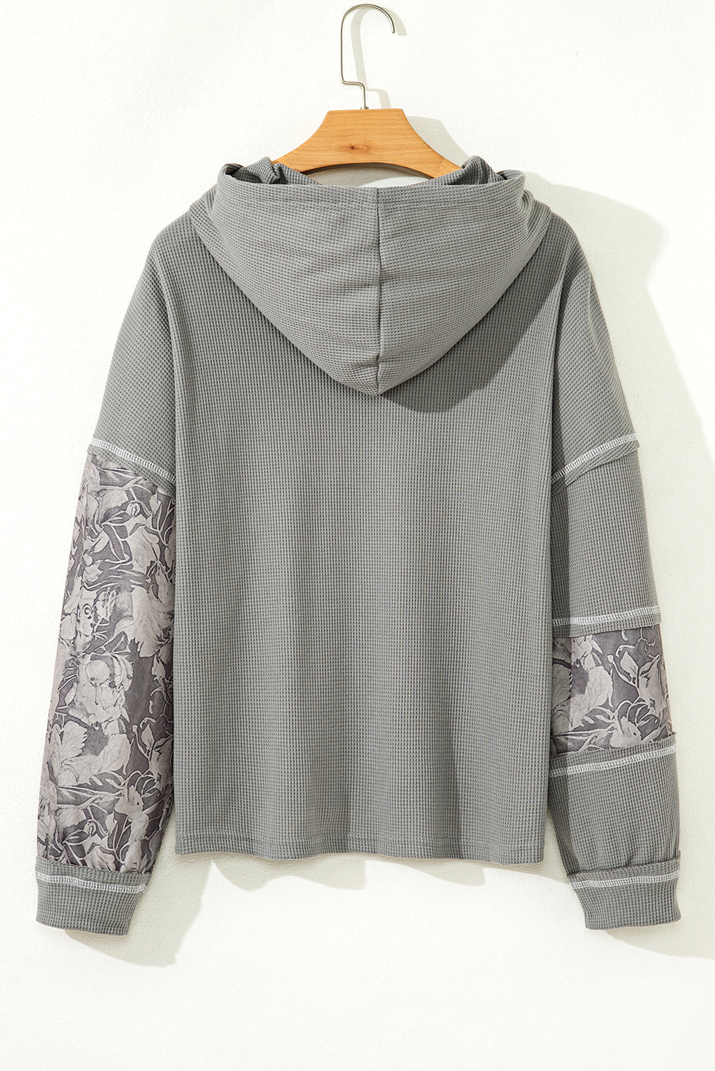 Gray Waffle Patchwork Drawstring Hooded Long Sleeve Top