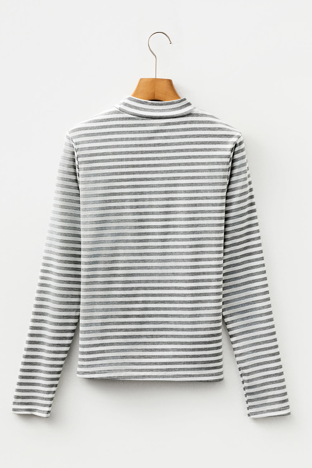 Women Striped Ribbed Mock Neck Long Sleeve Top Grey White - Image 2
