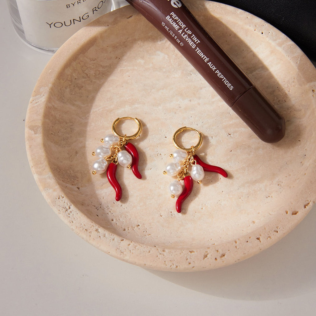 18K Gold Chili Pepper and Pearl Dangle Earrings Lightweight