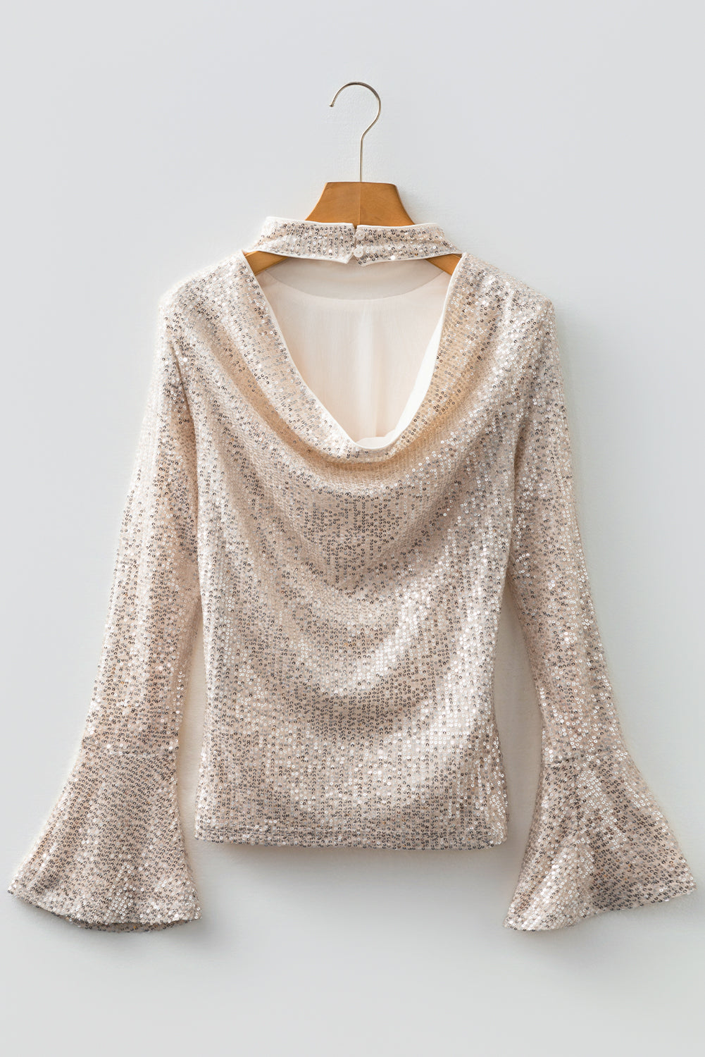 Solid Sequin Backless Bell Sleeve Top