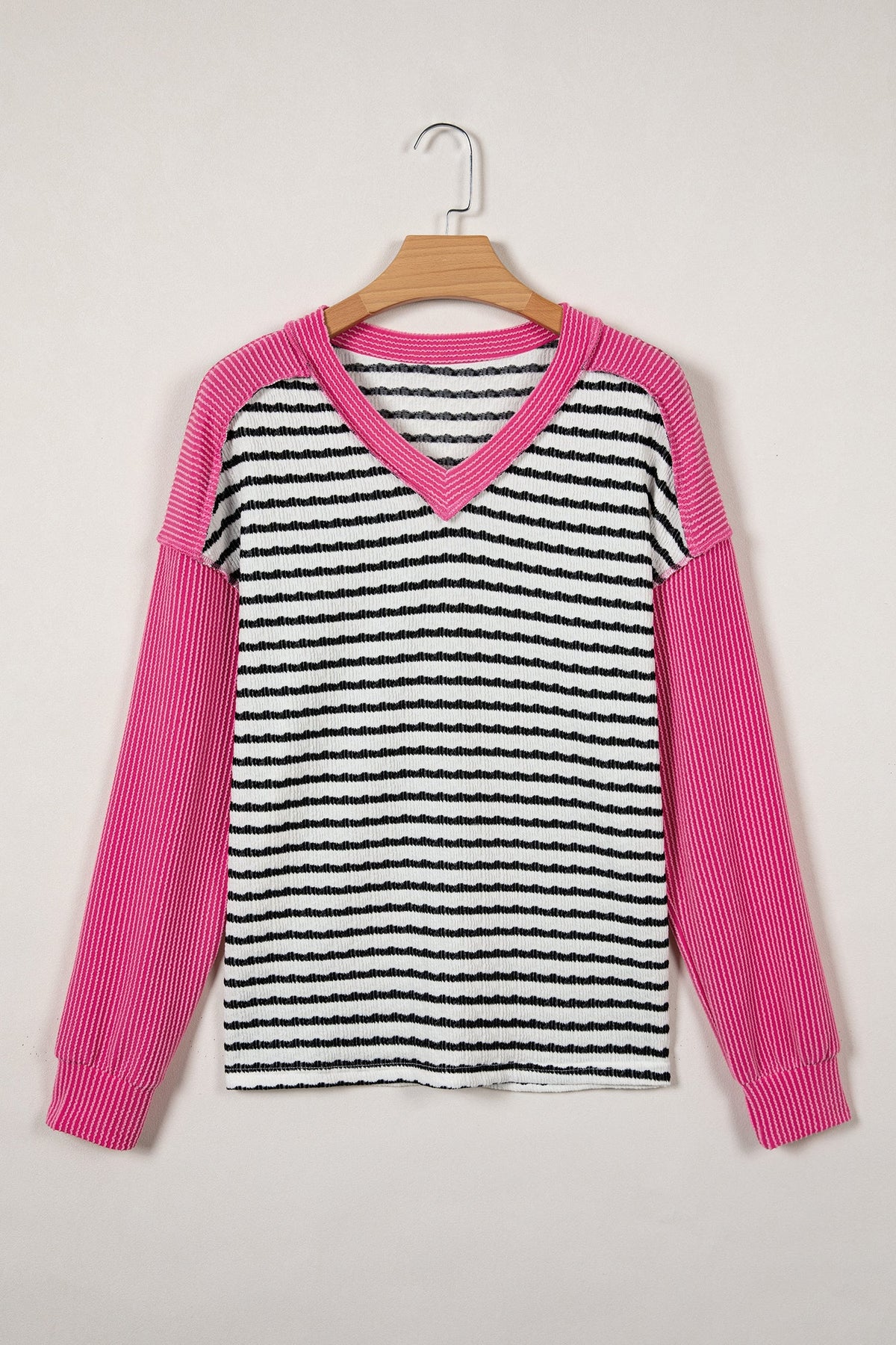 Stripe V-Neck Corded Knit Long Sleeve Top
