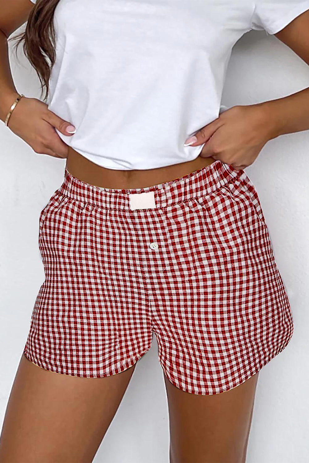 Red Plaid Gingham High Waist Shorts | Cotton Print