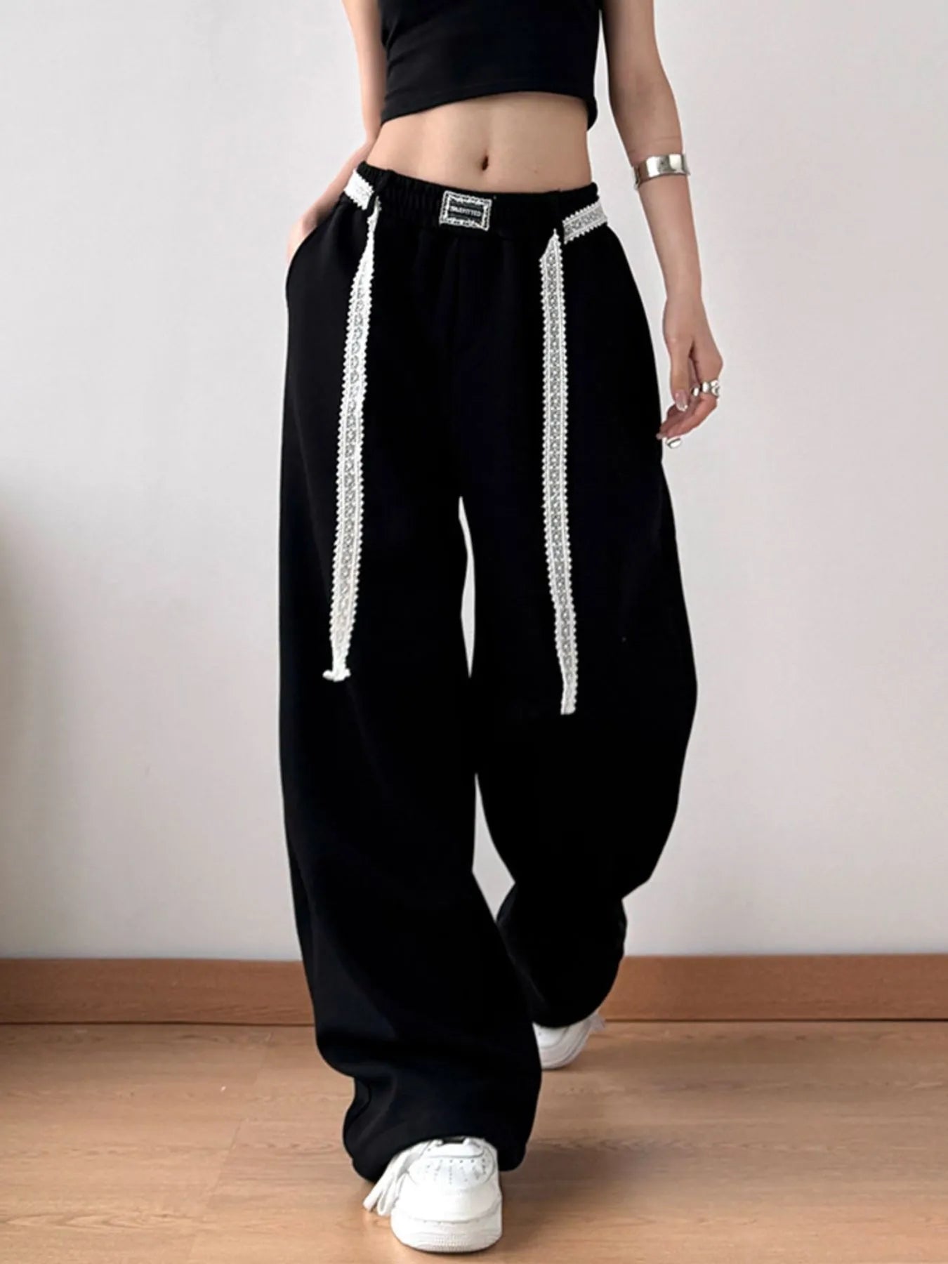 Women's Elastic Waist Wide Leg Pants with Drawstring Detail - Image 8