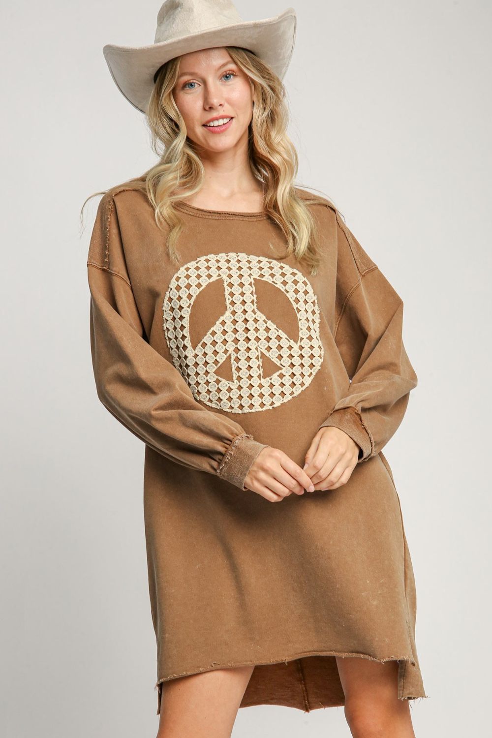 Brown and cream French terry mini dress with lace applique and frayed hem