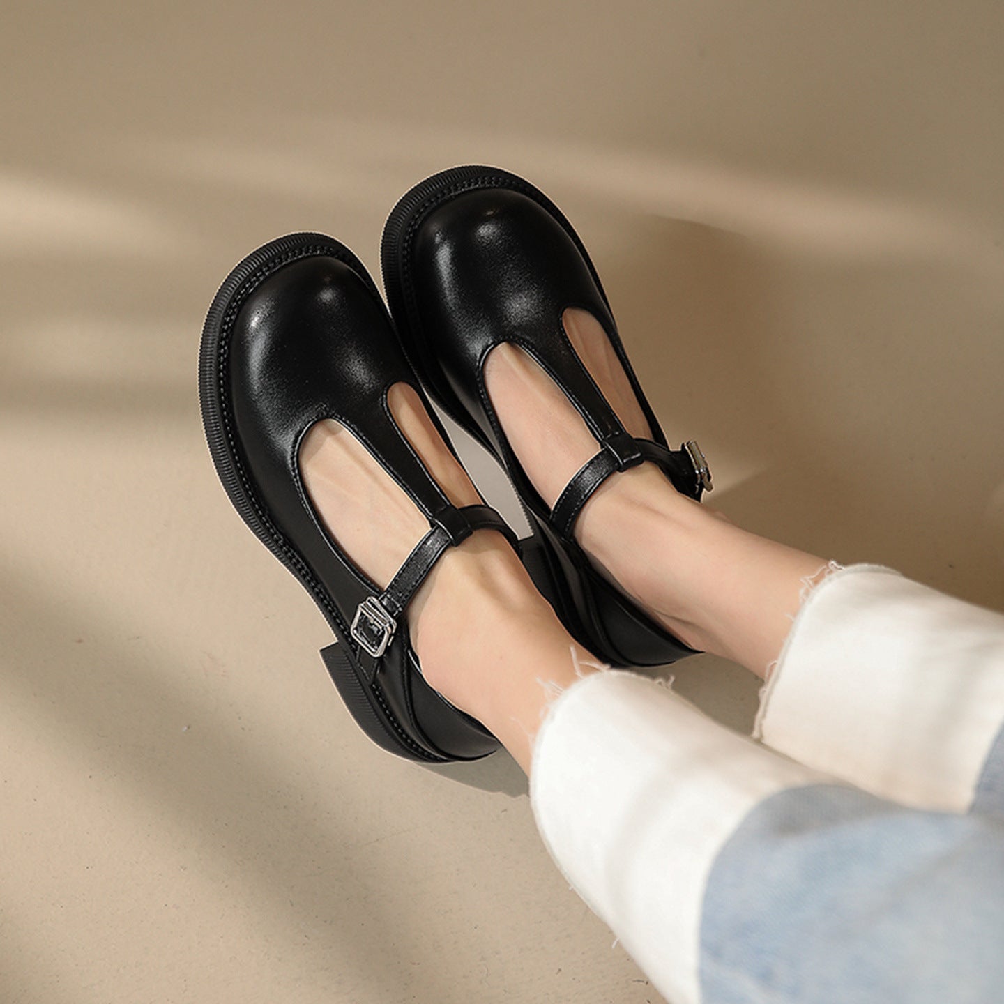 Women’s Cream Mary Jane Flats with Buckle Strap - Image 5