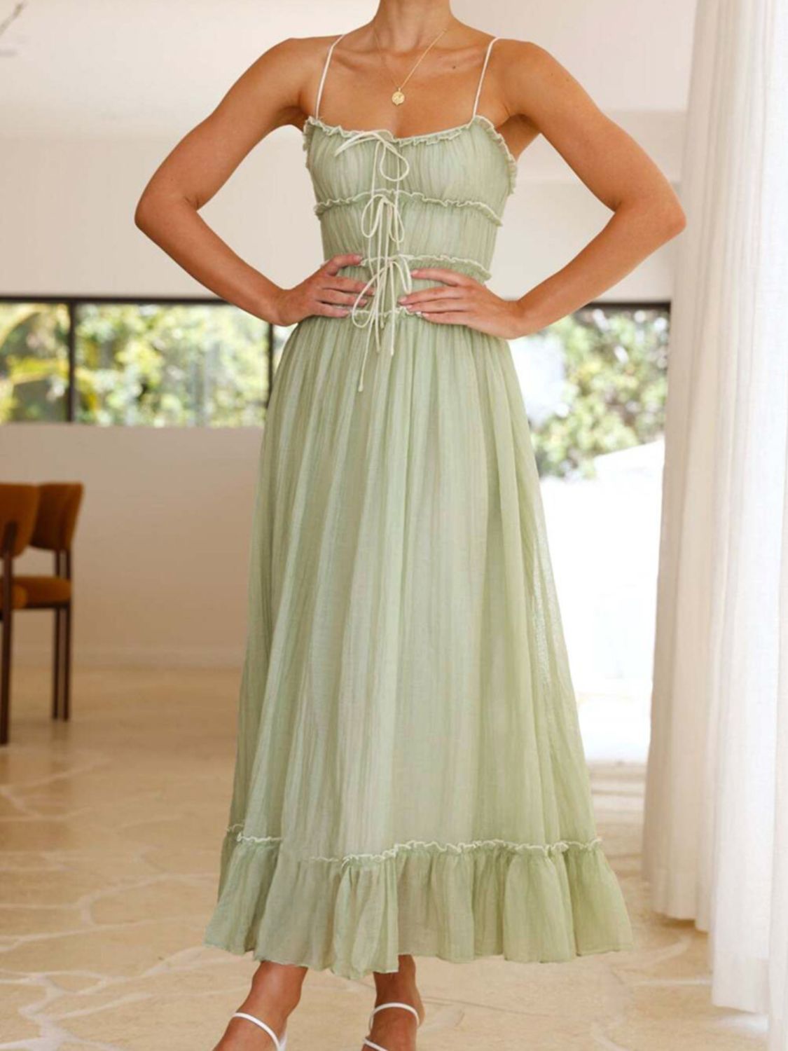 Girls Vintage Ruffled Hem Midi Dress with Tied and Ruched Detail