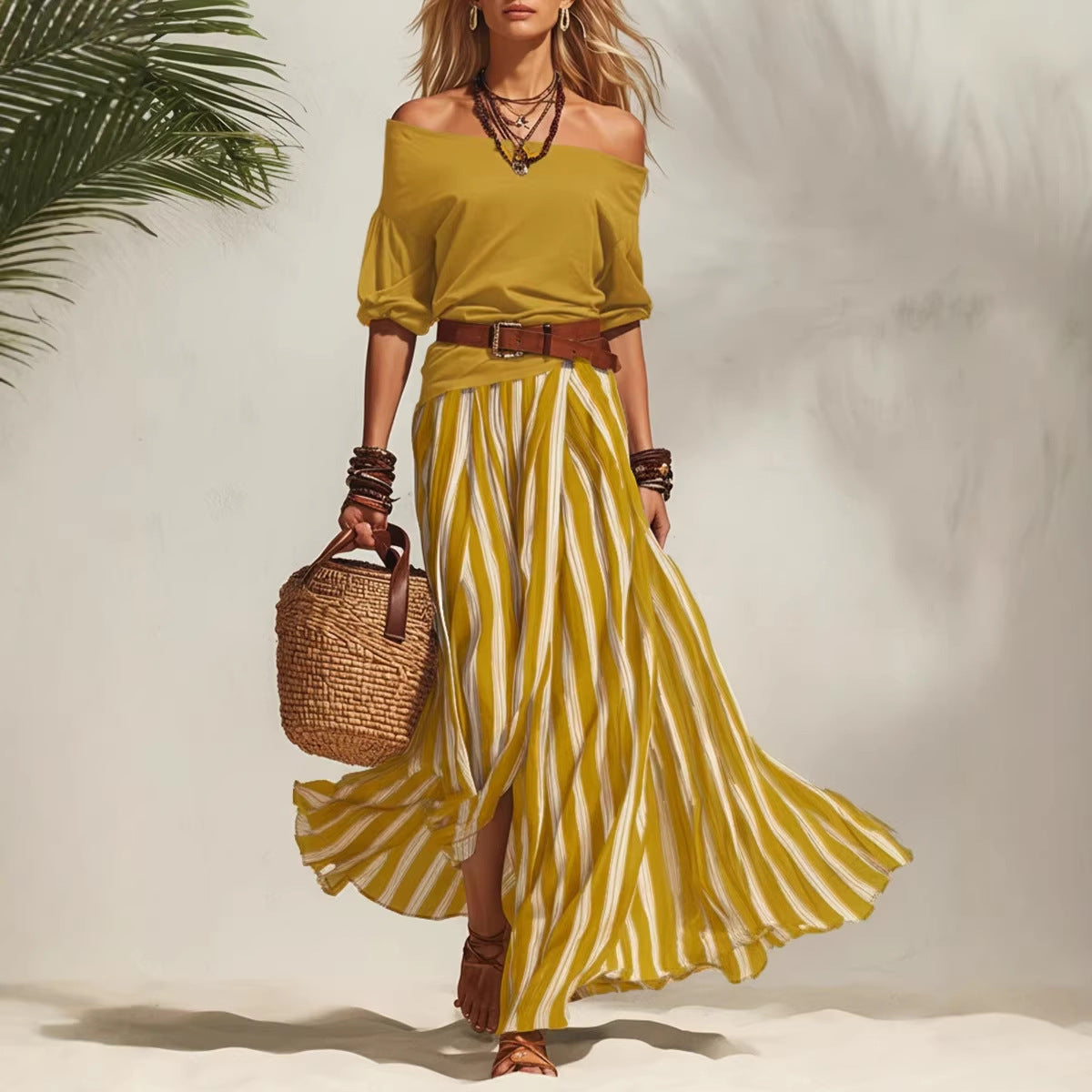 Women Off-Shoulder Top and Striped Slit Maxi Skirt Set