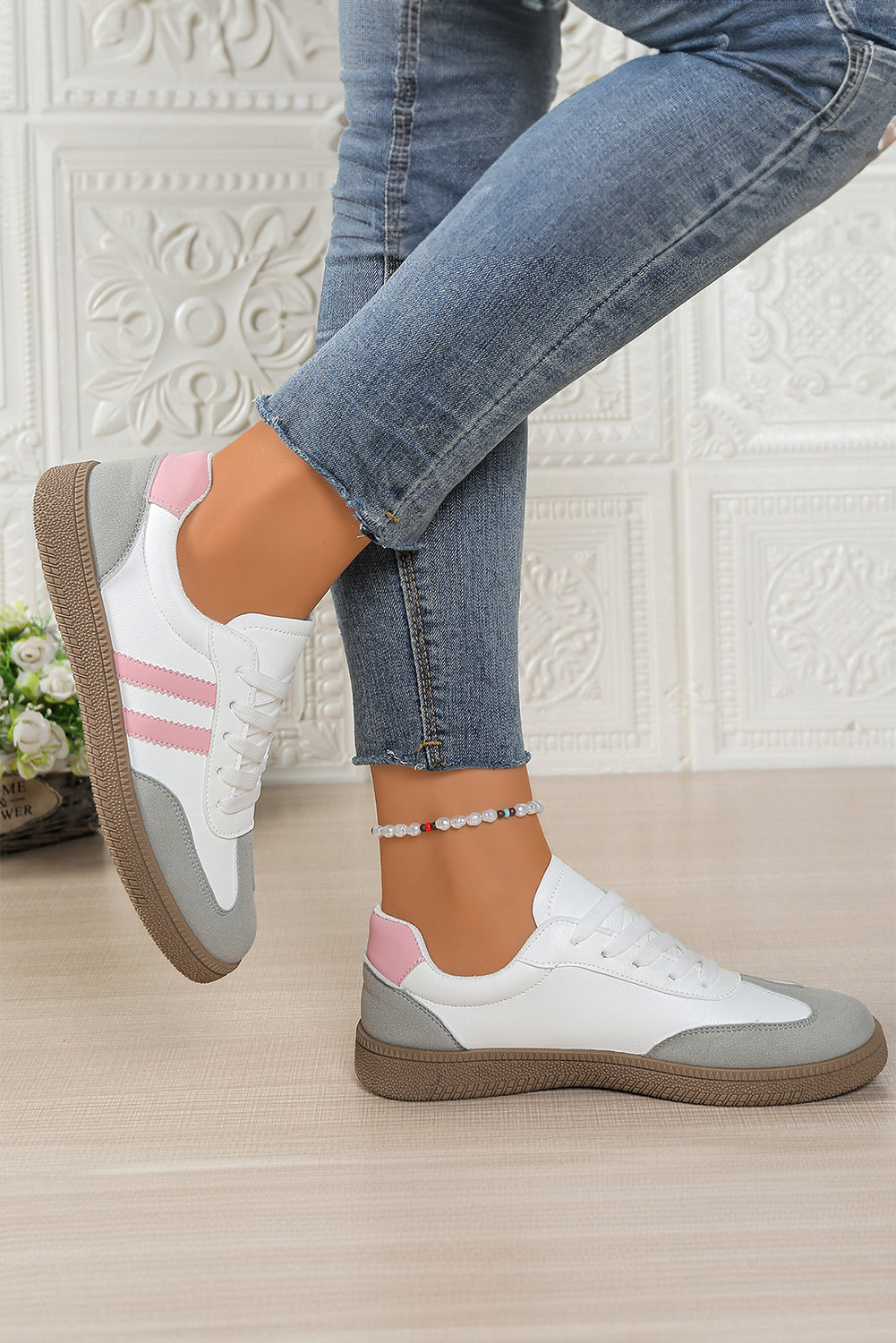 Pink Striped Patchwork Lace Up Sneakers | PU Leather