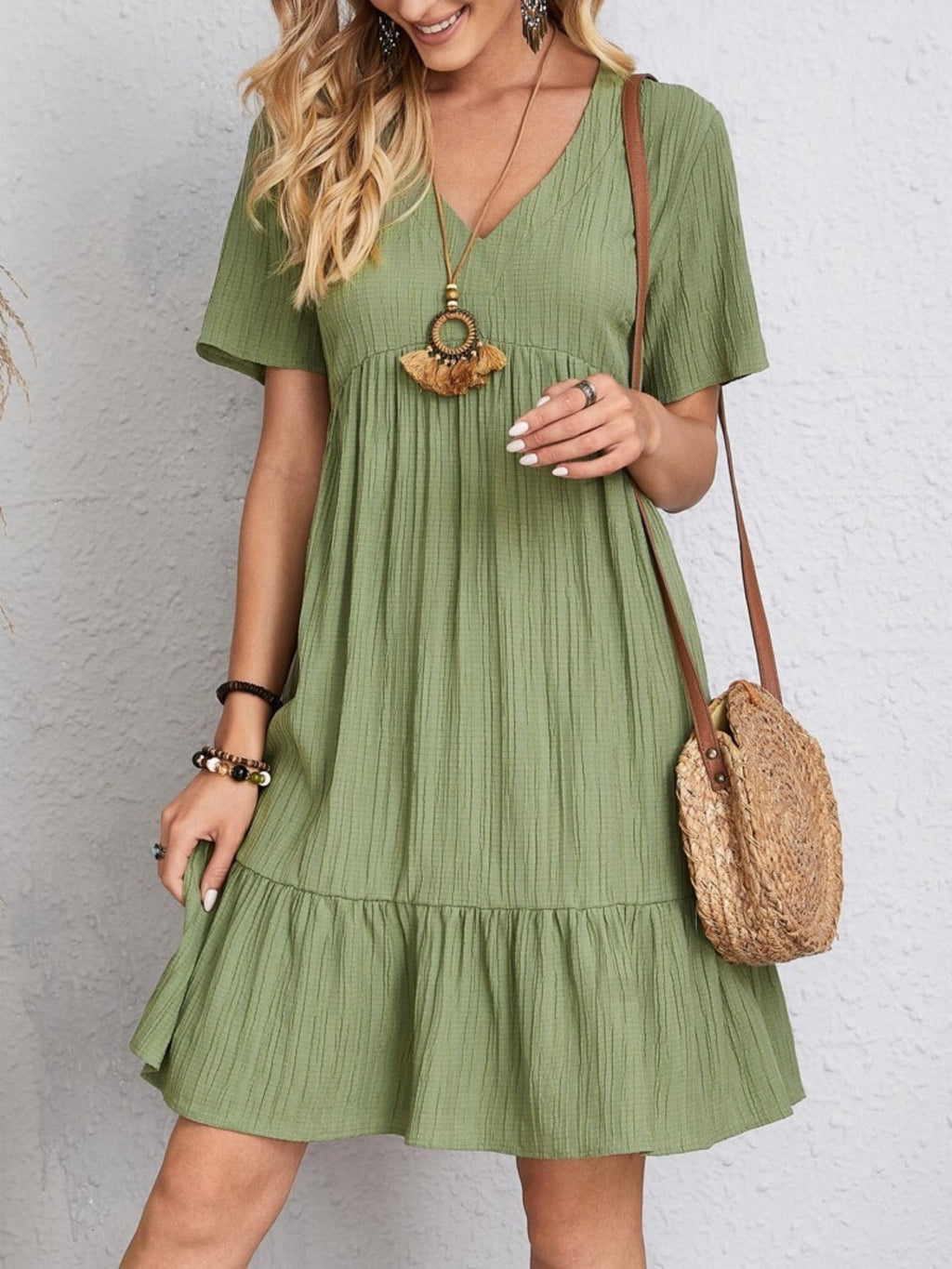 Classic V-Neck Short Sleeve Casual Midi Dress