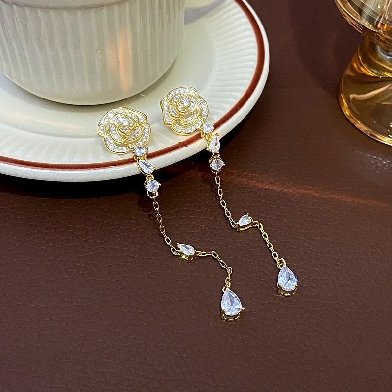 Womens Floral Rhinestone Inlaid Long Tassel Drop Earrings,Costume Earrings For Daily Banquet Party Wear