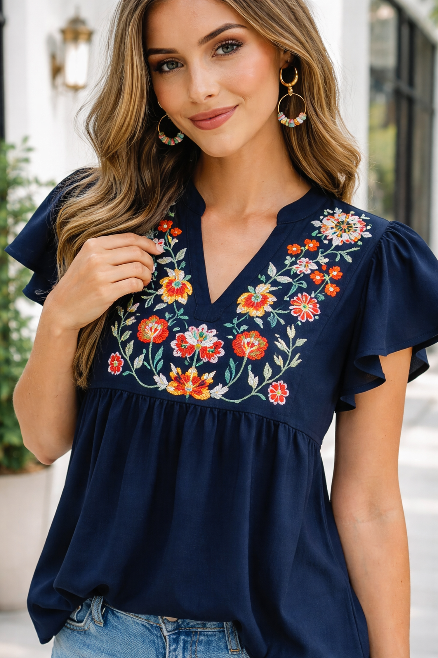 Embroidered Babydoll Blouse with Notched Neck and Ruffle Sleeves