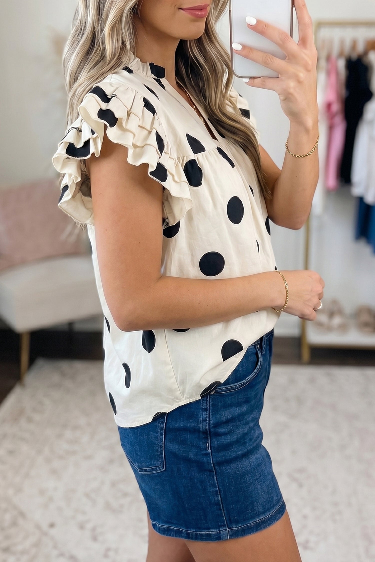 Jane Polka Dot V-Neck Shift Blouse with Ruffle Sleeves
