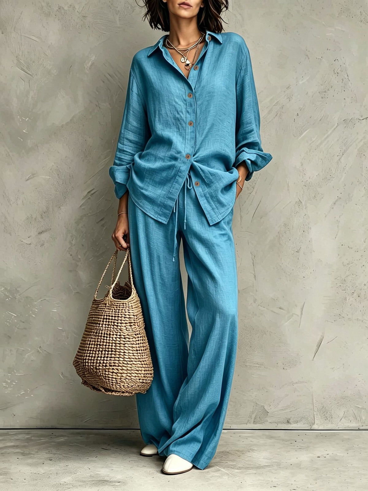 Women's Button-Down Shirt & Wide-Leg Pants Set