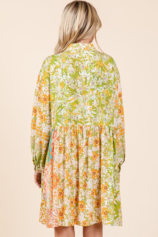 Floral Button Detail Long Sleeve Shirt Dress